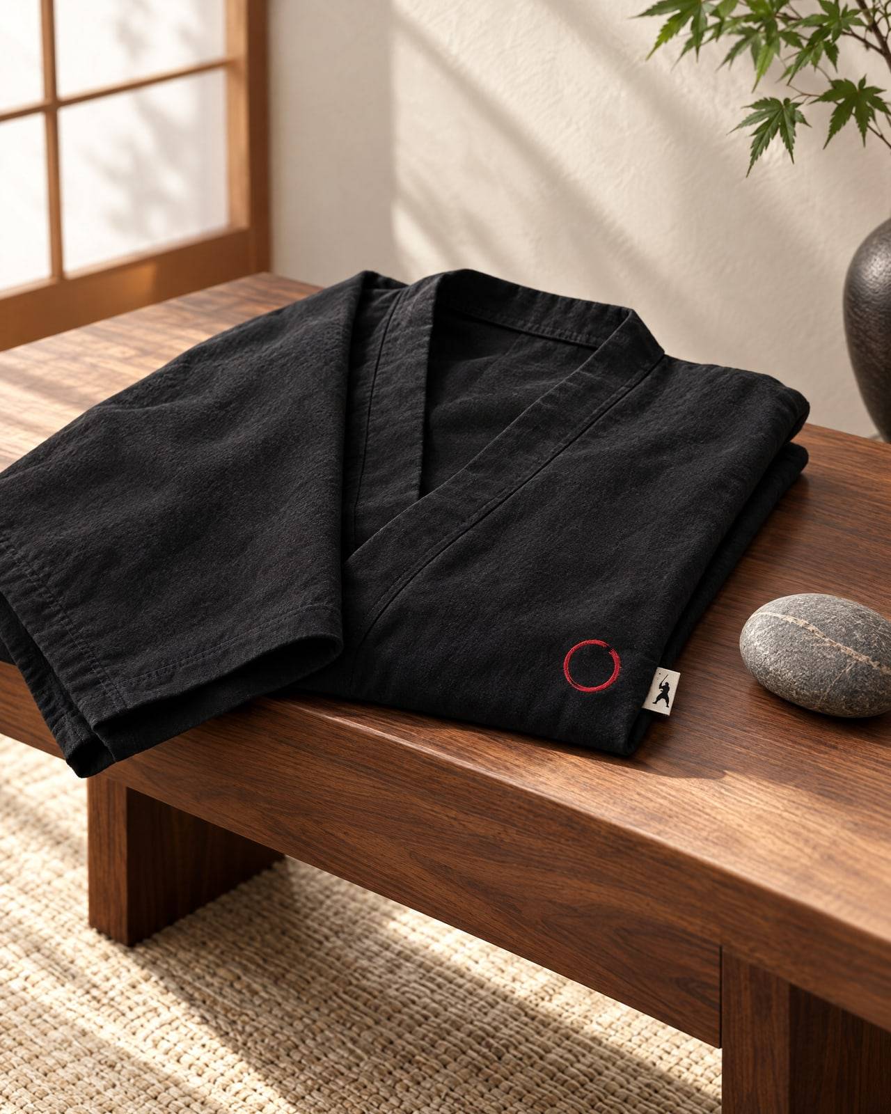 Concept mockup of a folded black kimono-cut top with a small red brush circle at the hem, on a walnut bench